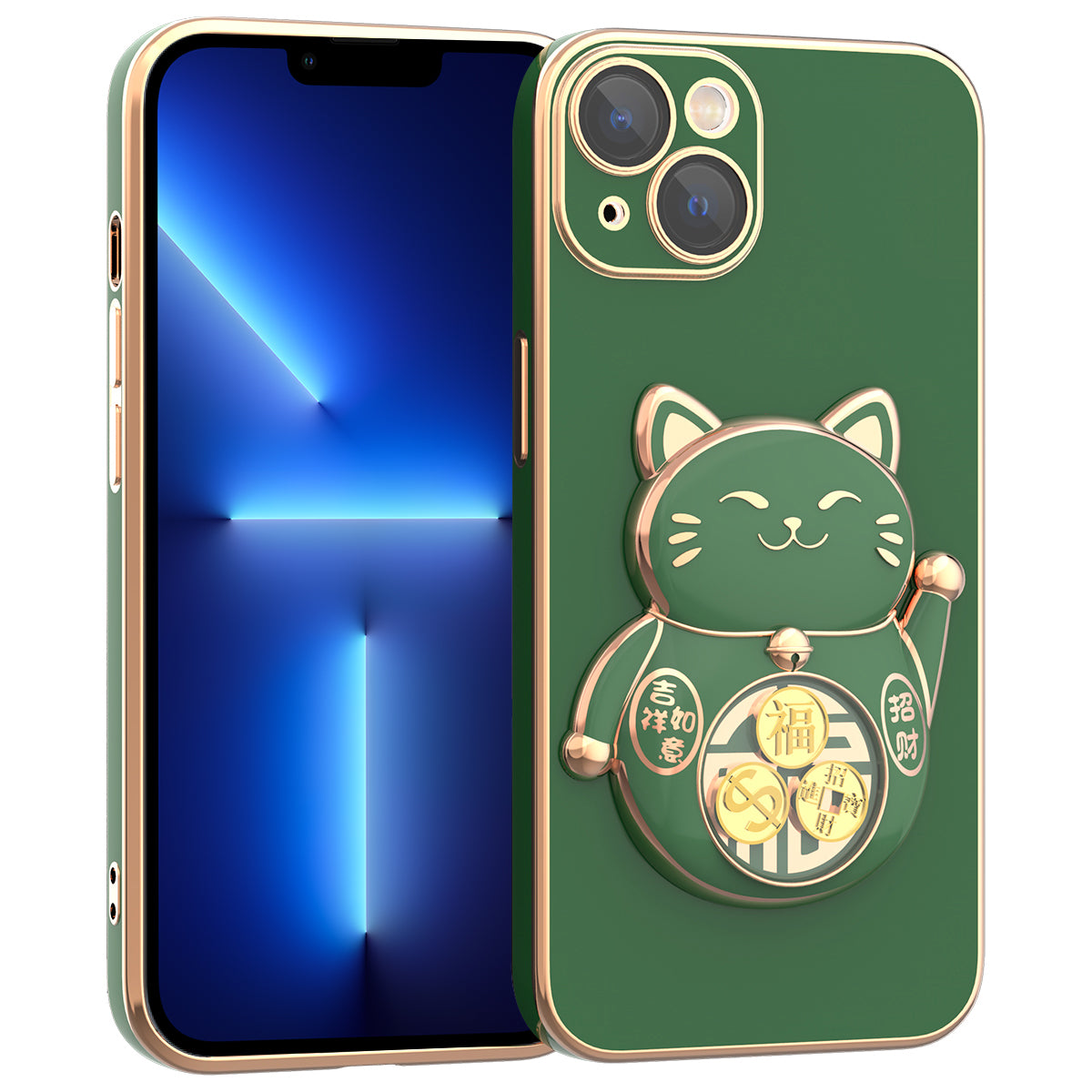 For iPhone 13 6.1 inch Electroplating Phone Case Lucky Fortune Cat Kickstand TPU PC Shockproof Cover with Camera Lens Protector For iPhone 13 6.1 inch Electroplating Phone Case Lucky Fortune Cat Kickstand TPU PC Shockproof Cover with Camera Lens Protector
